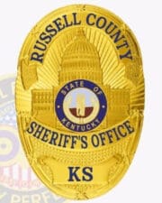 Customizable Sheriff Badges: Custom Sheriff Badge Design For Law Enforcement Russell County a gold badge with blue text