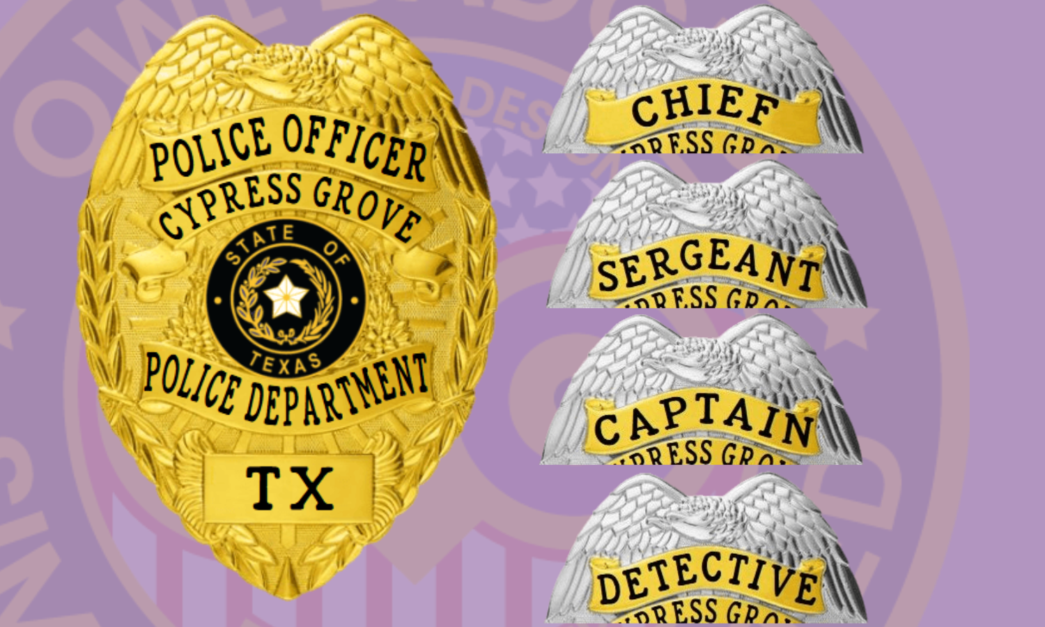 Complete customization of department name, titles, rank, badge numbers and seal. Choice of 1,000+ badge styles, state seals, and panel layouts. Optional badge wallets and cases available with department branding.