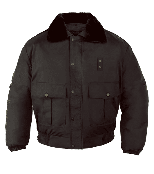 All-Weather-Bomber-Jacket- for security officer: Black jacket with a fur collar