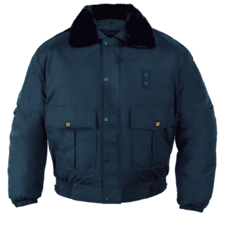 All-Weather-Bomber-Jacket- for security officer: Navy Blue jacket with a fur collar