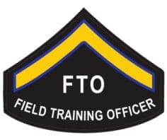 Custom Police Chevron Ranks For Law Enforcement And Public Safety Field Training Officer FTO a black triangle with yellow and blue stripes