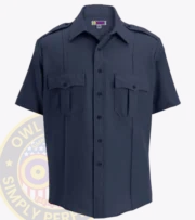 security uniform shirt short sleeve : a short sleeved navy blue shirt with Owl Badges Logo