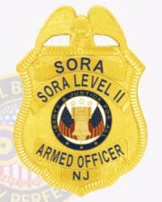 SORA Level 2 Badges: Custom Designed Badges for Armed Security Officers In New Jersey a gold police badge with blue text With Logo