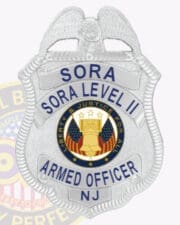 SORA Level 2 Badges: Custom Designed Badges for Armed Security Officers In New Jersey a silver police badge with blue text With Logo a white badge with a logo and text