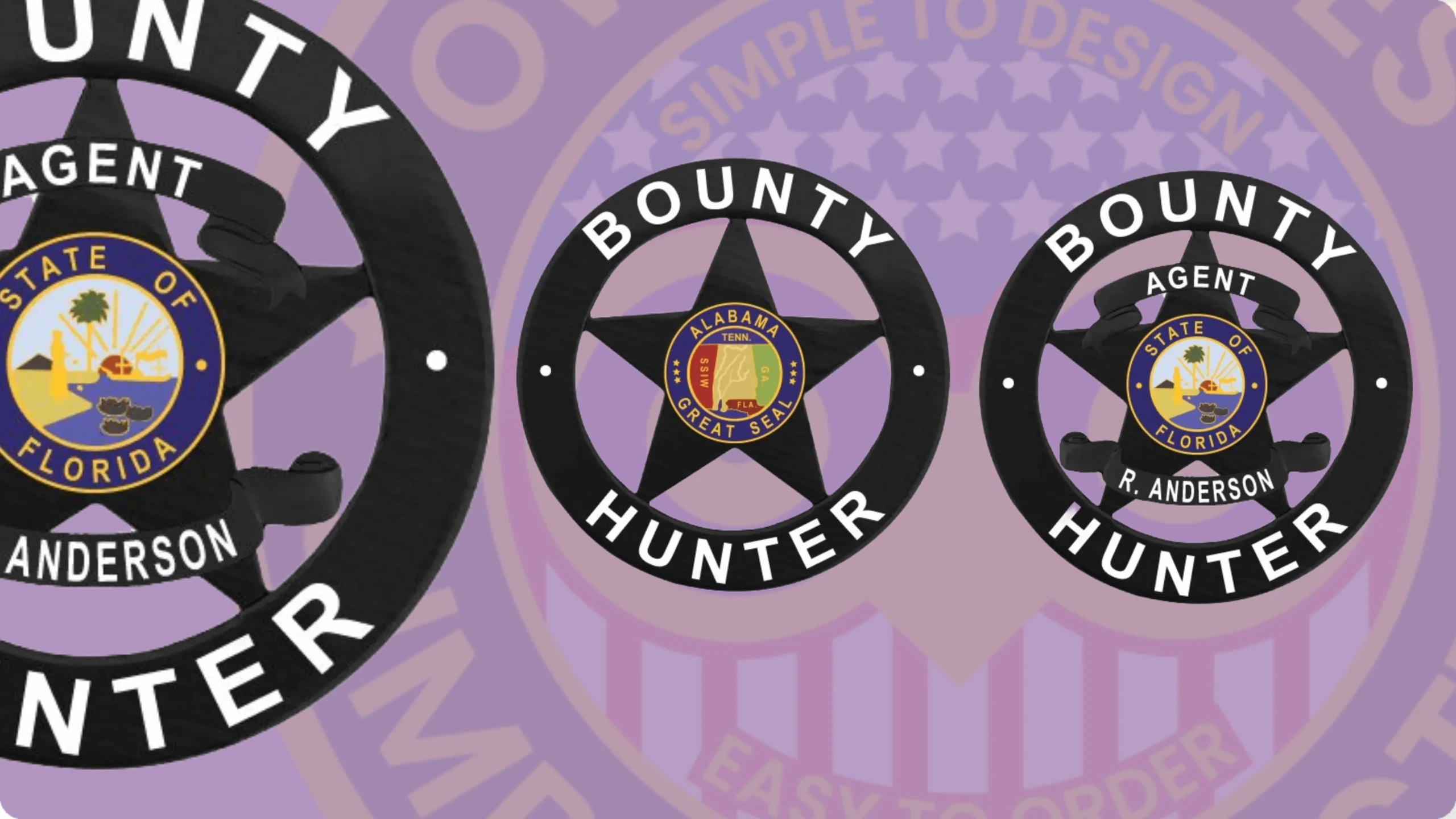 Bounty hunter badges in black color, fugitive recovery agent badges