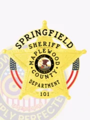 A custom metal badge in a shiny gold color featuring a classic star shape. It is inscribed with "SPRINGFIELD" at the top, "SHERIFF" below, and "MAPLEWOOD COUNTY" along the edges. The badge displays the state seal of Illinois in the center, surrounded by red and white stripes. It has a safety pin attachment on the back for easy wear, making it perfect for law enforcement recognition.