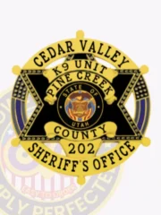 A custom metal badge featuring a striking combination of gold and black colors, shaped like a star, representing the Cedar Valley K9 Unit. The badge displays "CEDAR VALLEY," "K9 UNIT," and "PINE CREEK" at the top, while "COUNTY 202" and "SHERIFF'S OFFICE" adorn the bottom. In the center, it showcases the state seal of Utah. It is equipped with a safety pin attachment on the back for secure wear, highlighting its practical design for law enforcement personnel.