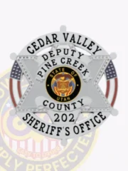 A custom metal badge in a sleek silver color, designed in the shape of a star, representing the Cedar Valley Sheriff's Office. The badge features "CEDAR VALLEY," "DEPUTY," and "PINE CREEK" prominently at the top, with "COUNTY 202" and "SHERIFF'S OFFICE" at the bottom. The center showcases the state seal of Utah. This badge includes a safety pin attachment on the back, allowing for secure and easy wear by law enforcement personnel, emphasizing its functional design and authority.