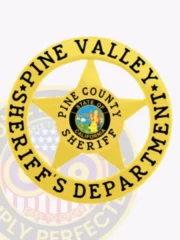 A custom metal badge in gold color with safety pin attachment, designed in a star shape. The badge prominently features "PINE VALLEY" and "SHERIFF'S DEPARTMENT" in bold black lettering around the edge. In the center, it displays "PINE COUNTY SHERIFF" along with the state emblem of California, showcasing colorful imagery. This badge conveys a professional and authoritative appearance for law enforcement personnel.