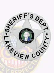 A custom metal badge in silver color with safety pin attachment, designed in a star shape. The badge features "SHERIFF'S DEPT." and "LAKEVIEW COUNTY" in bold black lettering around the edge. In the center, it showcases the state emblem of Washington, displaying a portrait of George Washington, highlighting its professional and authoritative look for law enforcement personnel.