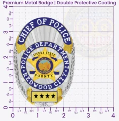 11-19A1R Custom Badges And Design, Create, Build and Order Custom Badges Personalized Badges Officer Badges Redwood City Police Silver w Blue Gold Panels Badges 3.56 Premium