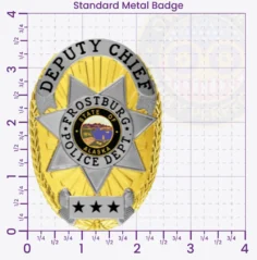 11-D16-2 Custom Badges And Design, Create, Build and Order Custom Badges Personalized Badges Officer Badges Frostburg Police Gold Badges 3.56 Standard