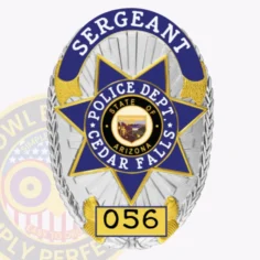 11-d16-2r custom badges and design, create, build and order custom badges personalized badges officer badges cedar falls police silver w blue gold panels