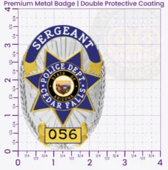 11-D16-2R Custom Badges And Design, Create, Build and Order Custom Badges Personalized Badges Officer Badges Cedar Falls Police Silver w Blue Gold Panels Badges 3.56 Premium