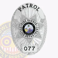 11-d16-3 custom badges and design, create, build and order custom badges personalized badges officer badges pine harbor police silver